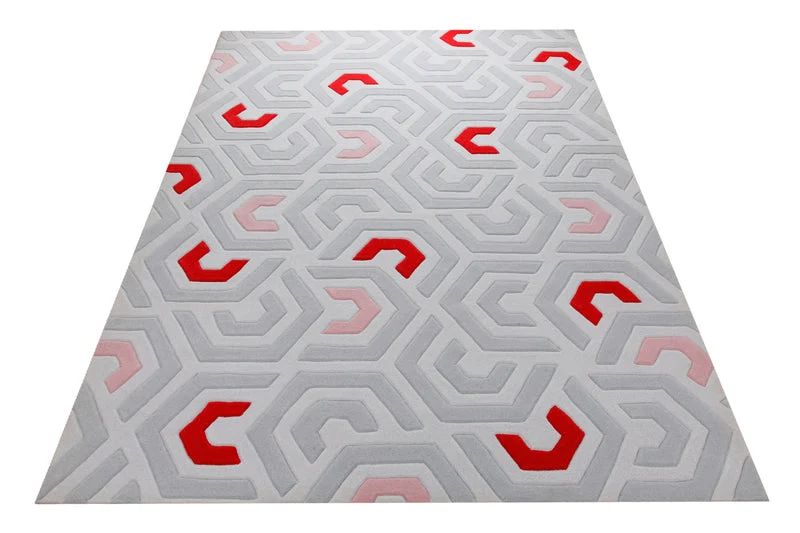 Labyrinth in Sand mit Rot - Hoch-Tief-Handtuft 160 x 230 cm