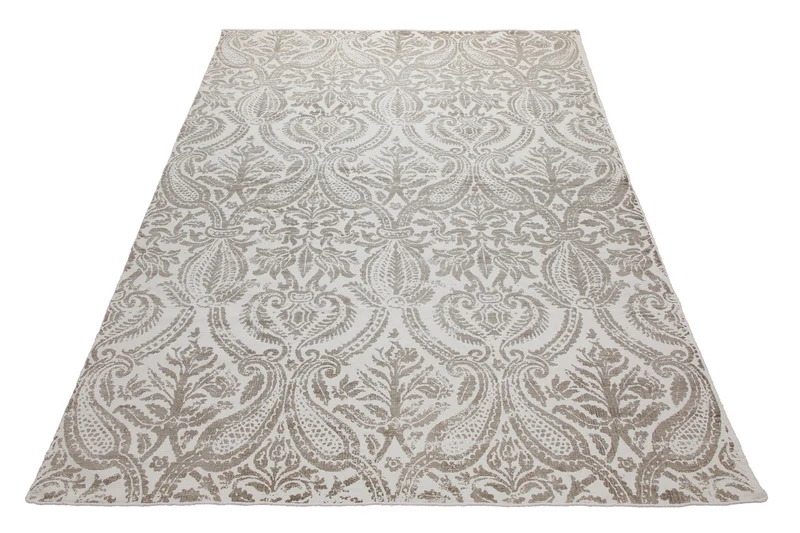 160x230 Teppich Wohnzimmer Verblasster Damast in Greige – Vintage-Print mit Patina