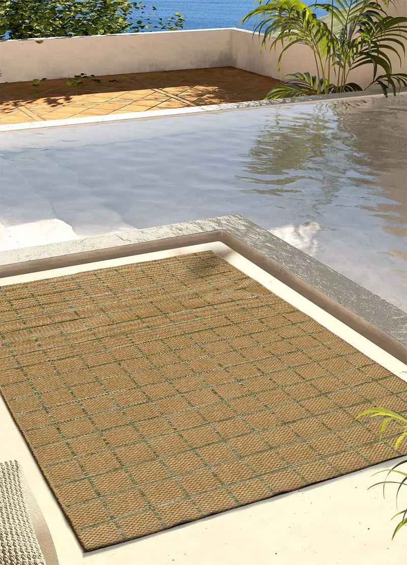 Alfombra de exterior efecto yute y cuadros verde Pérgola 12615 de 160x230 cm