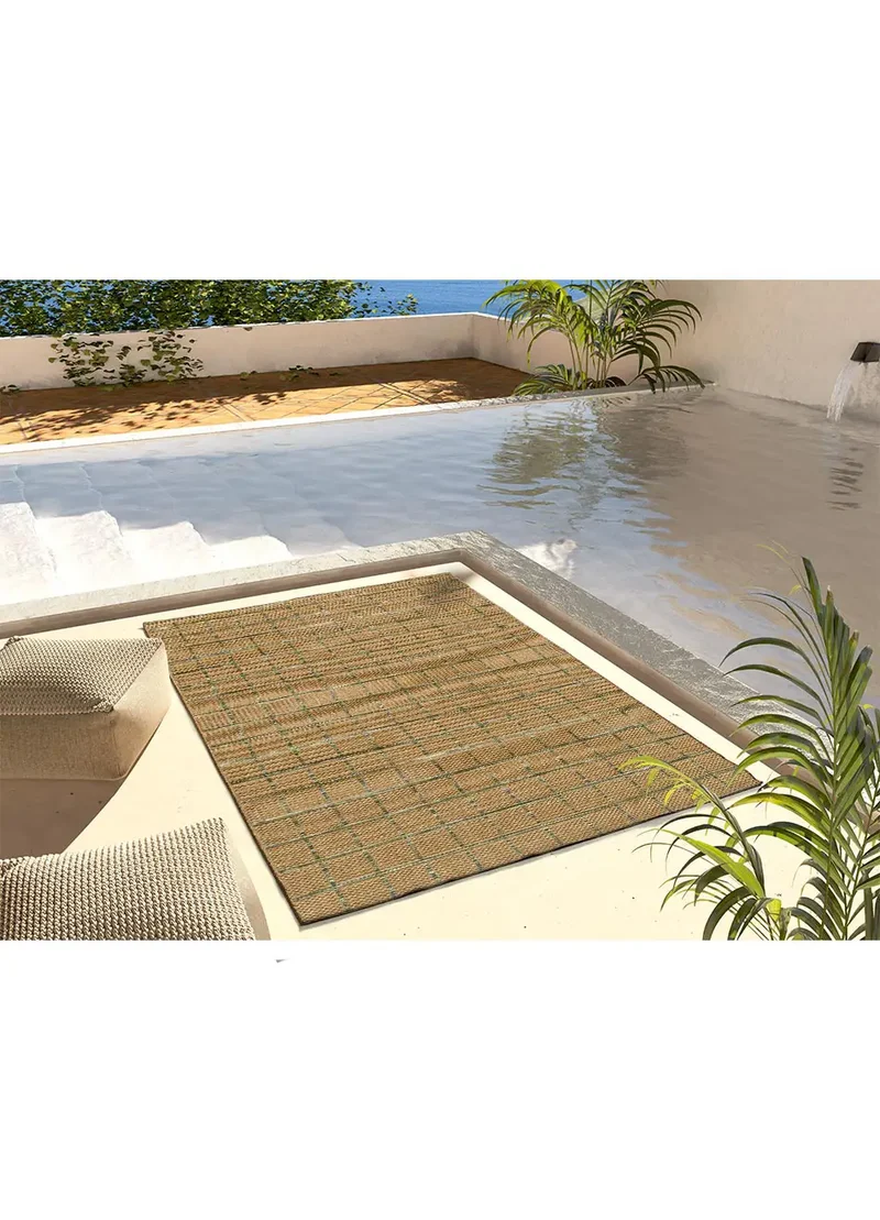 Alfombra de exterior efecto yute y cuadros verde Pérgola 12615 de 160x230 cm