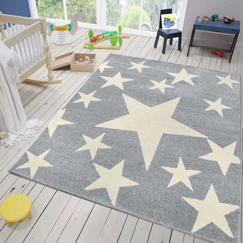 Teppich Sterne Hellblau Weiß Creme Kurzflor Kinderzimmer Jugendzimmer