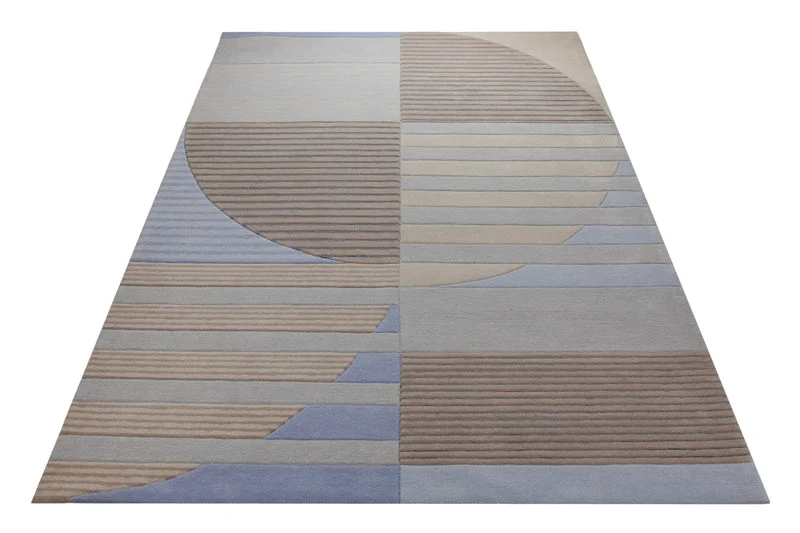 Sand und Taubenblau - Handtuft mit Rippenrelief 160 x 230 cm