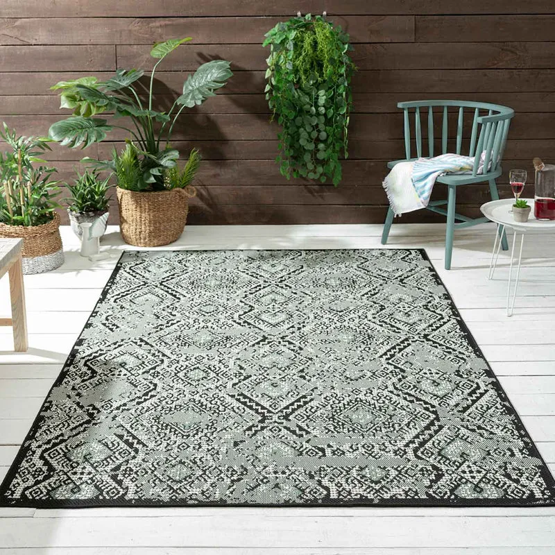 In- und Outdoor Teppich Terrassen & Balkon Küche Teppich Rauten Design Schwarz & Grün