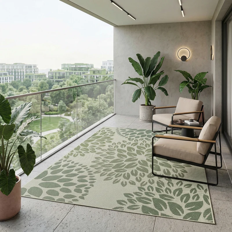 In- und Outdoor Flachgewebe Terrassen & Balkon Garten Küche, Teppich Blumen Design Grün Waschbar