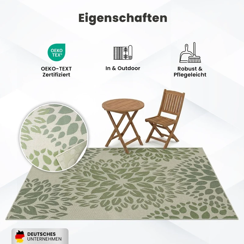 In- und Outdoor Flachgewebe Terrassen & Balkon Garten Küche, Teppich Blumen Design Grün Waschbar
