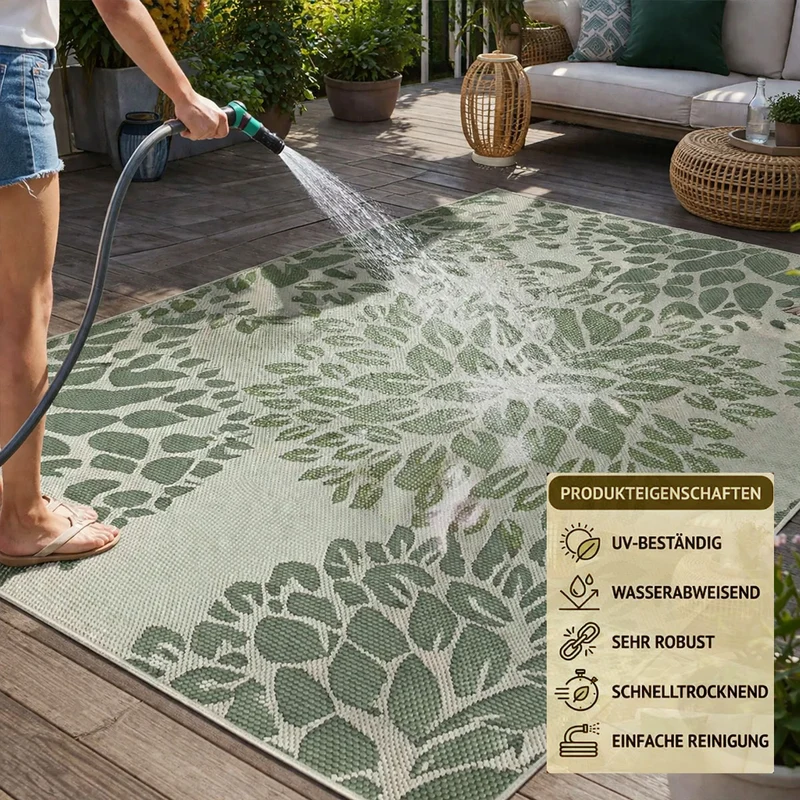 In- und Outdoor Flachgewebe Terrassen & Balkon Garten Küche, Teppich Blumen Design Grün Waschbar