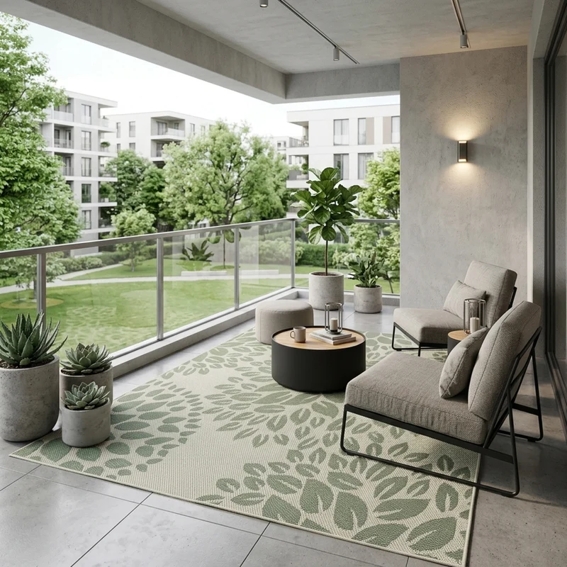 In- und Outdoor Flachgewebe Terrassen & Balkon Garten Küche, Teppich Blumen Design Grün Waschbar