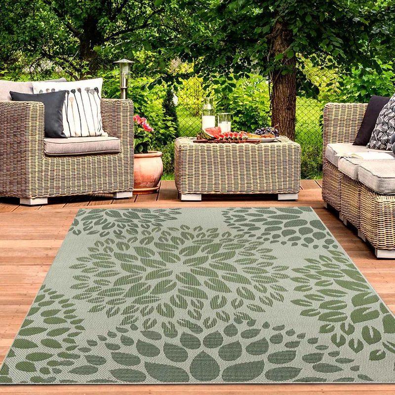 In- und Outdoor Flachgewebe Terrassen & Balkon Garten Küche, Teppich Blumen Design Grün Waschbar