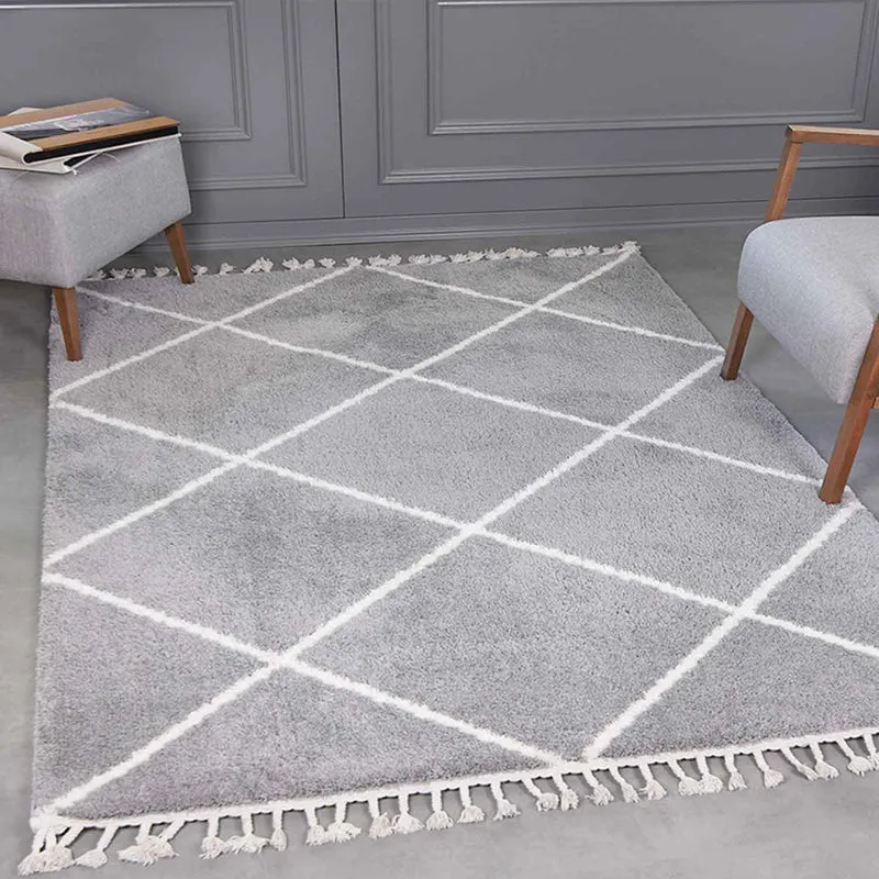 Hochflor Teppich Super Weich Wohnzimmer in Grau Flauschig mit Franzen