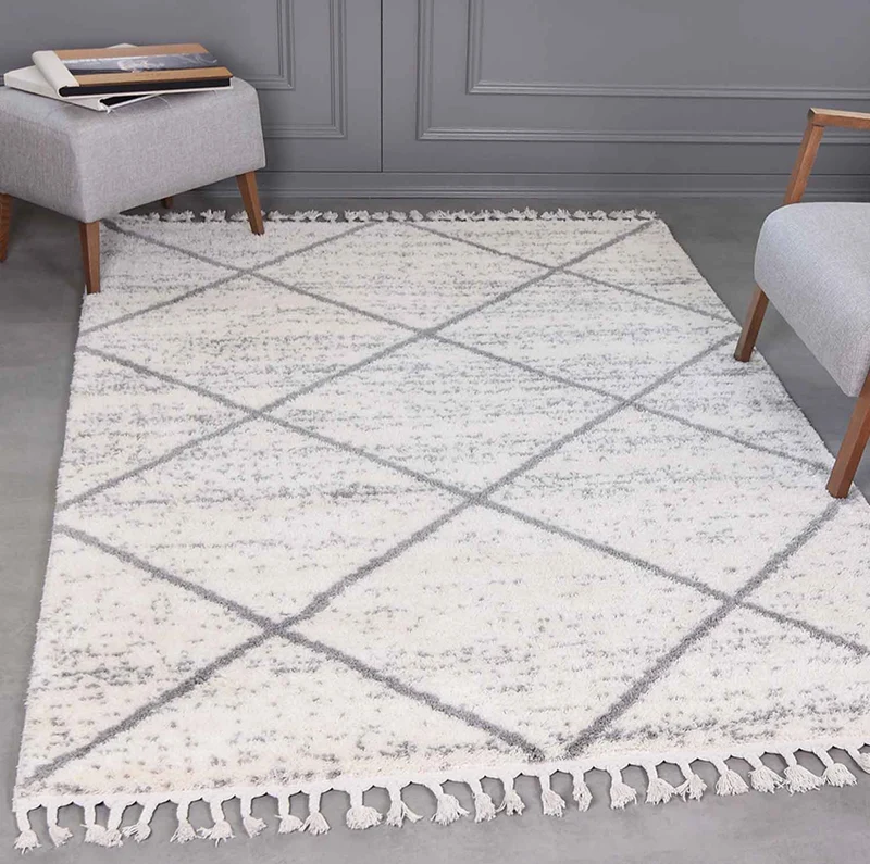 Teppich Wohnzimmer Mikrofiber Weich Meliert mit Fransen Grau & Creme