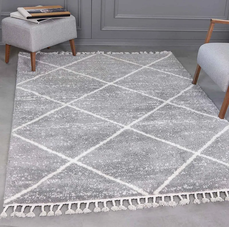 Teppich Wohnzimmer Mikrofiber Weich Meliert mit Fransen Grau & Creme