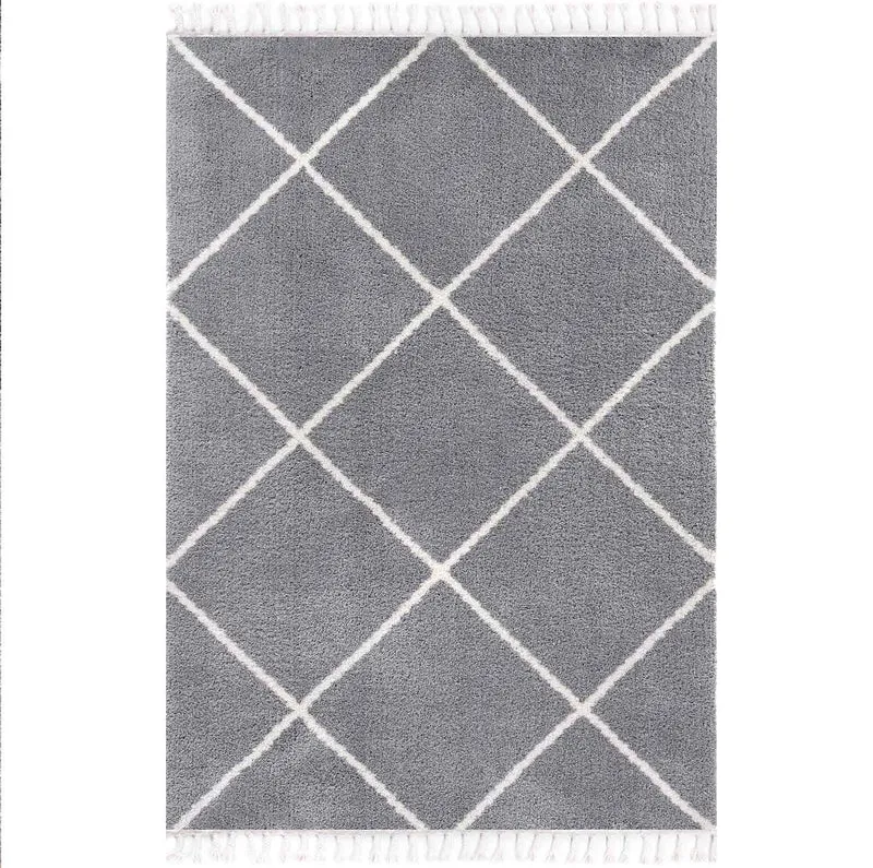 Hochflor Teppich Microfaser Super Weich Wohnzimmer in Grau & Creme Flauschig mit Franzen