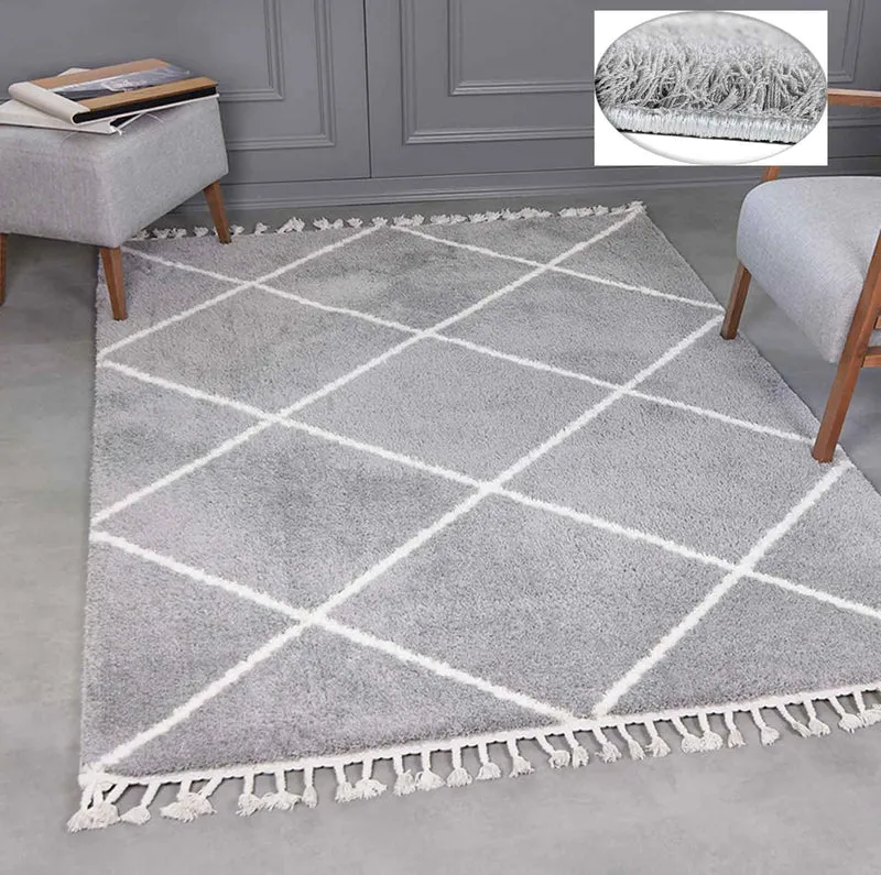 Hochflor Teppich Microfaser Super Weich Wohnzimmer in Grau & Creme Flauschig mit Franzen