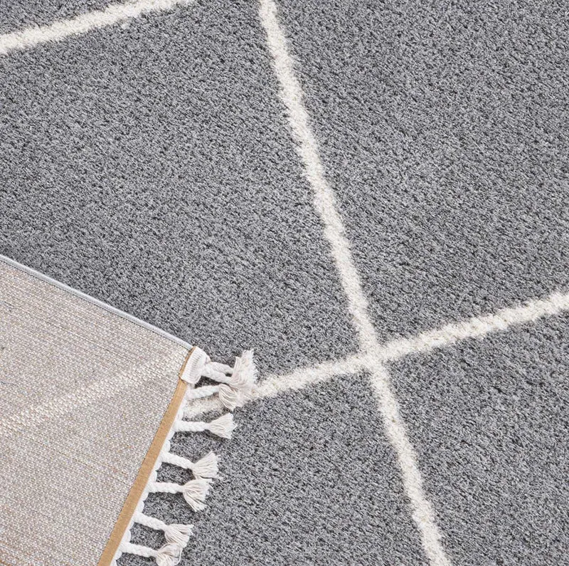 Hochflor Teppich Microfaser Super Weich Wohnzimmer in Grau & Creme Flauschig mit Franzen