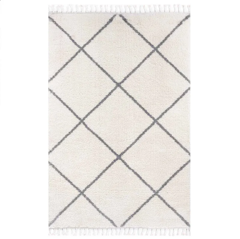 Hochflor Teppich Microfaser Super Weich Wohnzimmer in Grau & Creme Flauschig mit Franzen