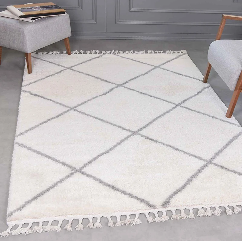 Hochflor Teppich Microfaser Super Weich Wohnzimmer in Grau & Creme Flauschig mit Franzen