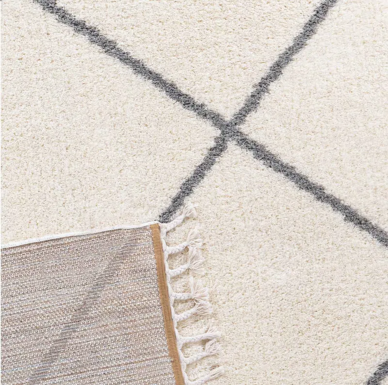 Hochflor Teppich Microfaser Super Weich Wohnzimmer in Grau & Creme Flauschig mit Franzen