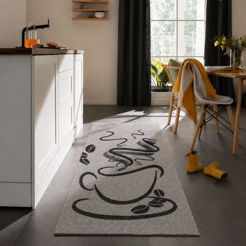 Küchenteppich Grau Trendiger Kaffee Teppich, Cappuccino Muster Küchenläufer Kurzflor
