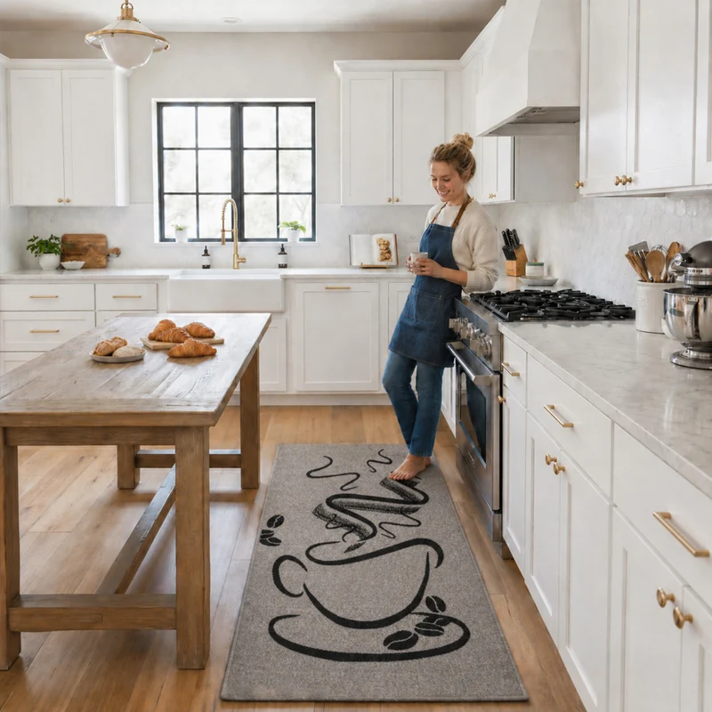 Küchenteppich Grau Trendiger Kaffee Teppich, Cappuccino Muster Küchenläufer Kurzflor