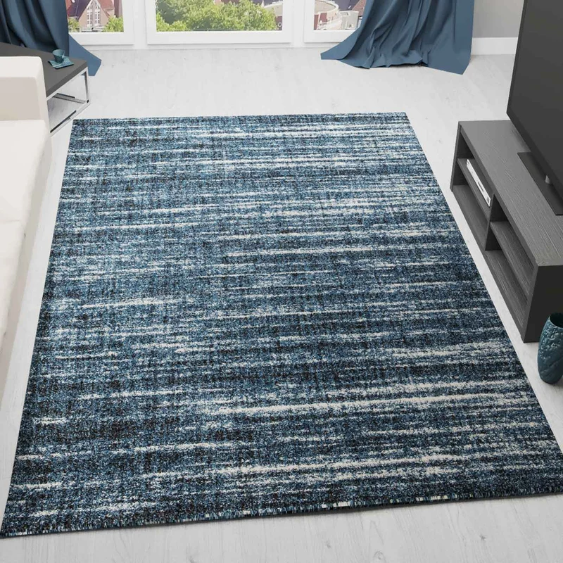 Teppich kurzflor Modern dichter melierter Blau Weiß für Wohnzimmer, Schlafzimmer, kinderzimmer