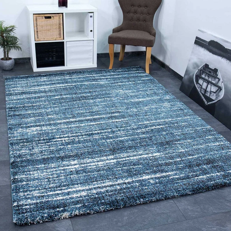 Teppich kurzflor Modern dichter melierter Blau Weiß für Wohnzimmer, Schlafzimmer, kinderzimmer