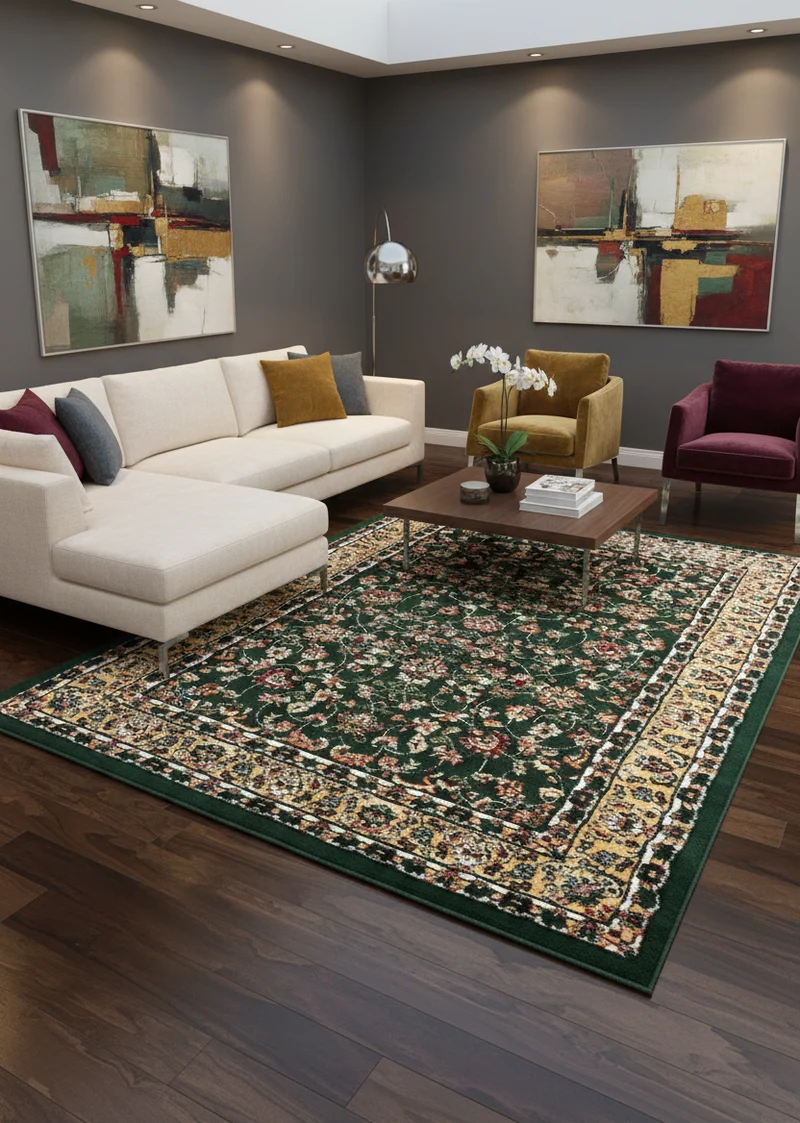 Teppich Orientalisch kurzflor Klassisch Wohnzimmer, Esszimer, Flur- Grün