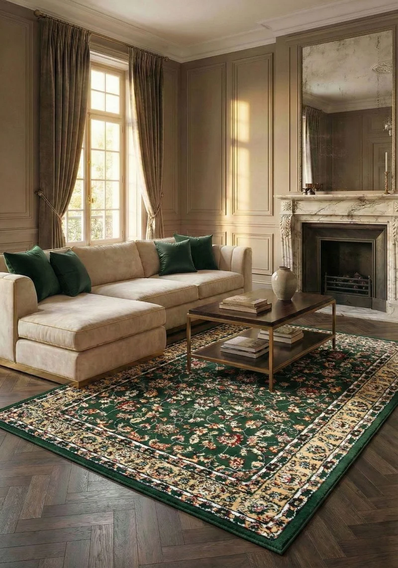 Teppich Orientalisch kurzflor Klassisch Wohnzimmer, Esszimer, Flur- Grün