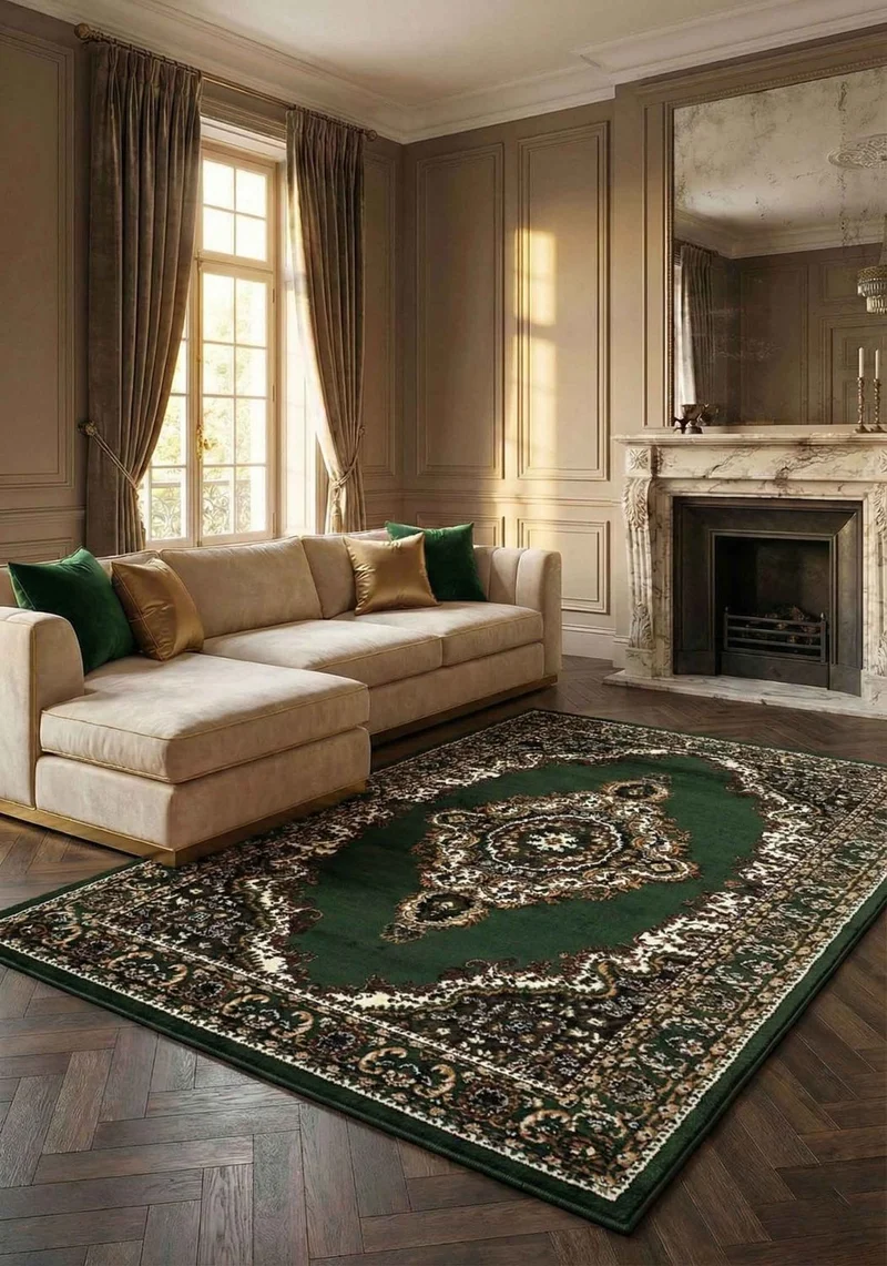 Teppich Orientalisch kurzflor Klassisch Wohnzimmer, Esszimer, Flur- Grün