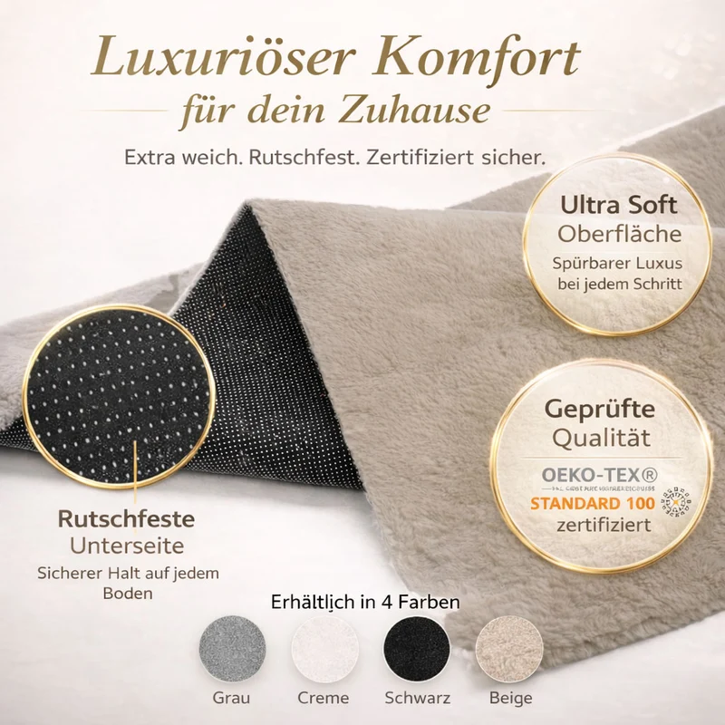 Waschbarer Kurzflor Teppich, rutschfest & weich, einfarbig für Wohnzimmer, Schlafzimmer, Küche & Kinderzimmer.
