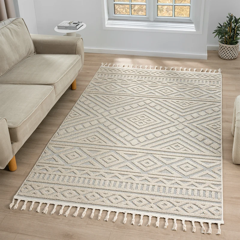 Teppich Boho Wohnzimmer, Schlafzimmer, Fransen Skandinavisch, Waschbarer Teppich 3D