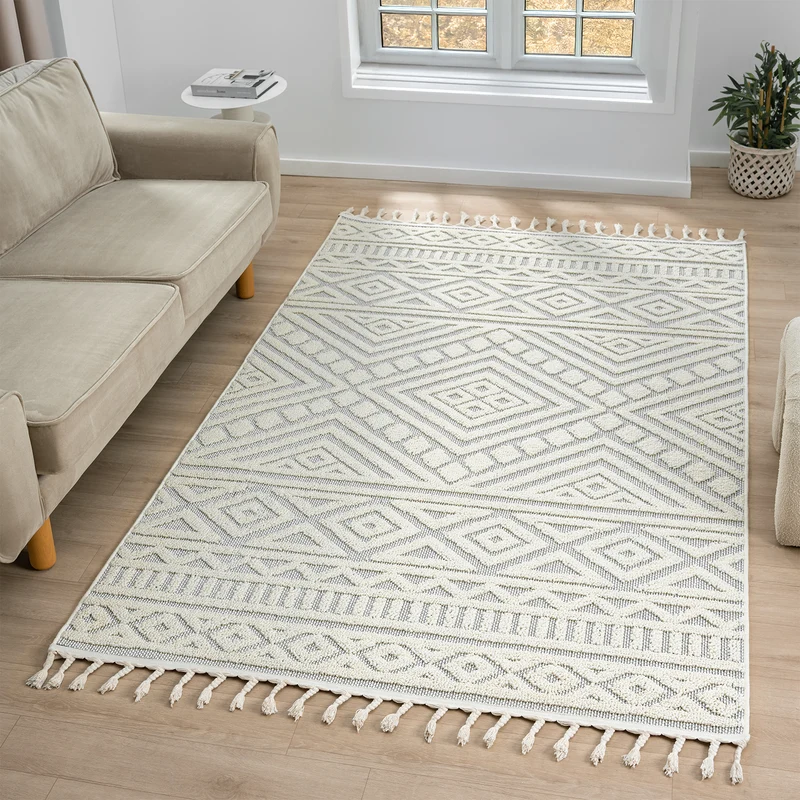 Teppich Boho Wohnzimmer, Schlafzimmer, Fransen Skandinavisch, Waschbarer Teppich 3D