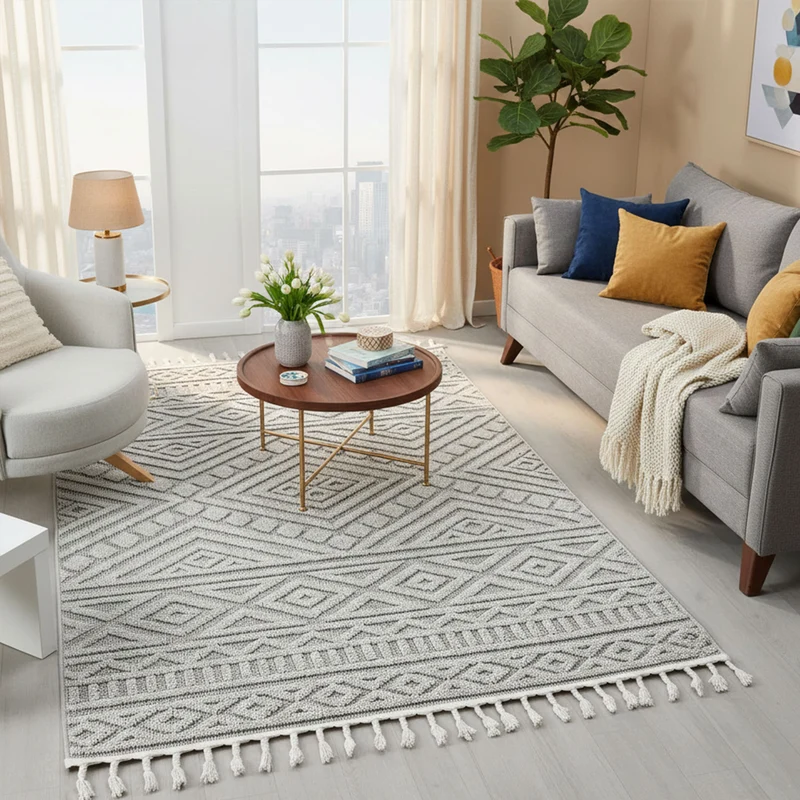 Teppich Boho Wohnzimmer, Schlafzimmer, Fransen Skandinavisch, Waschbarer Teppich 3D