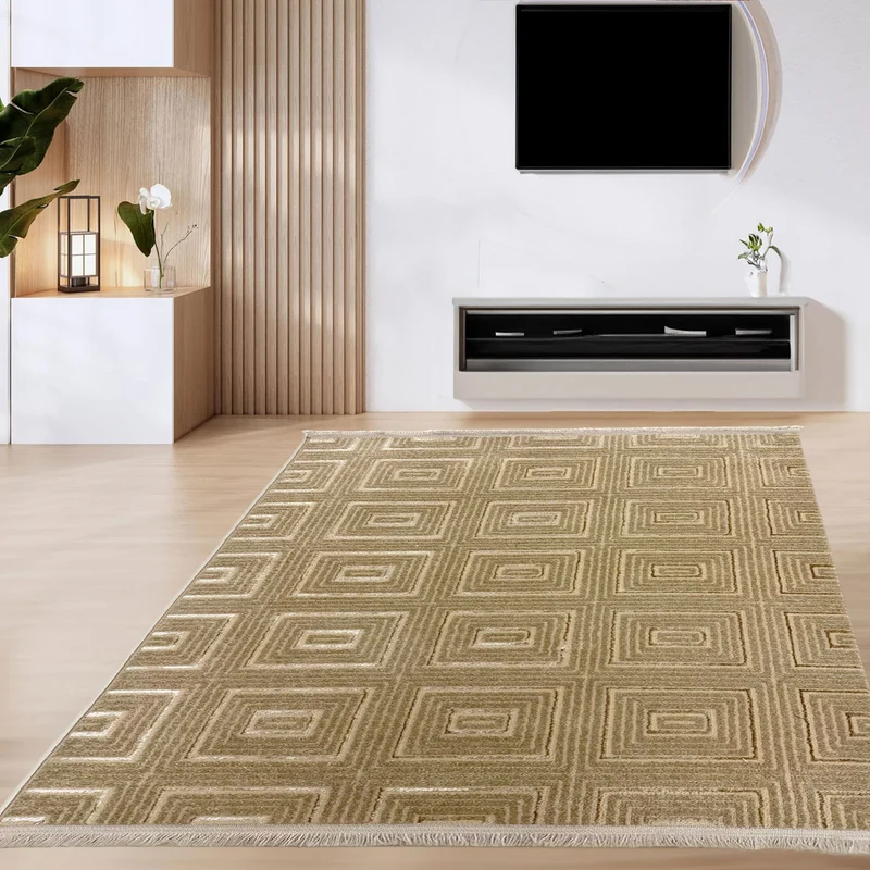 Teppich kurzflor Wohnzimmer, Schlafzimmer, Flur dünn Kachel Optik Lurex 3D Weich