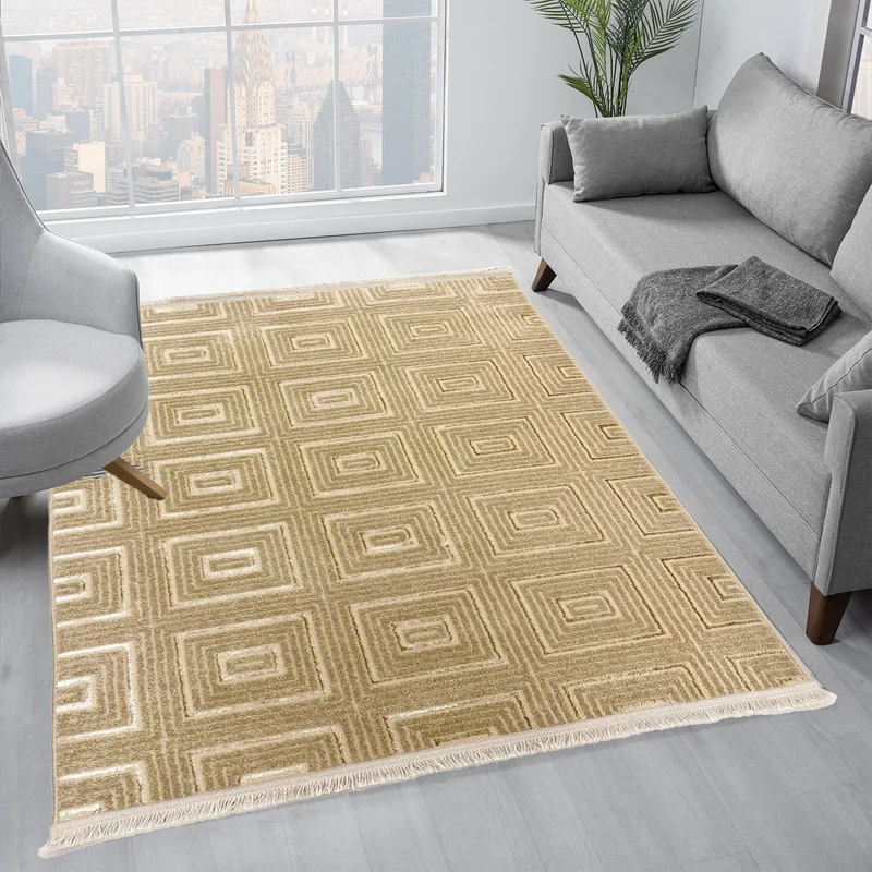 Teppich kurzflor Wohnzimmer, Schlafzimmer, Flur dünn Kachel Optik Lurex 3D Weich
