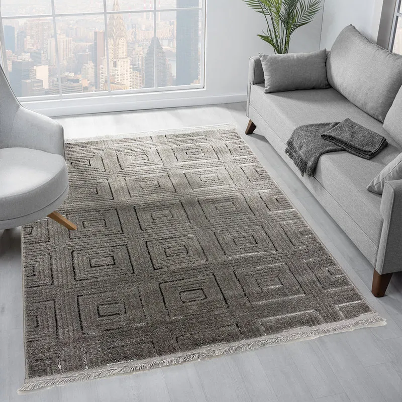 Teppich kurzflor Wohnzimmer, Schlafzimmer, Flur dünn Kachel Optik Lurex 3D Weich