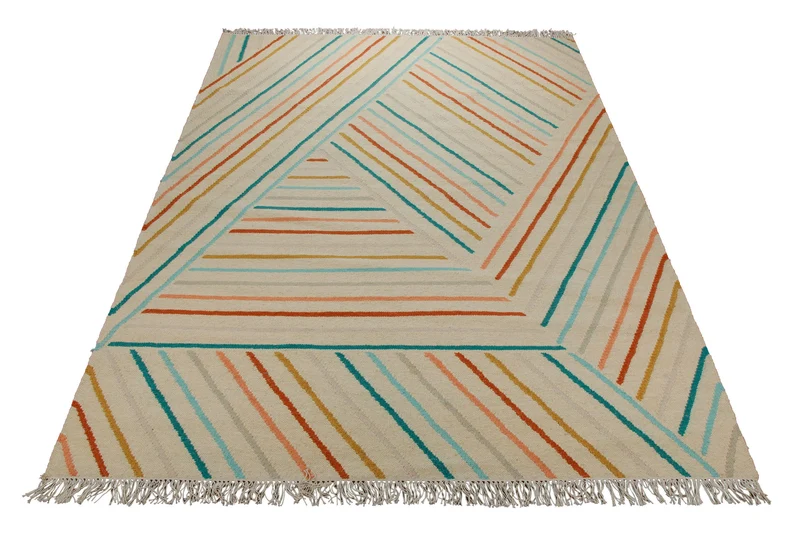 Handwebteppich Wolle Diagonallinien bunt creme 160x230 cm