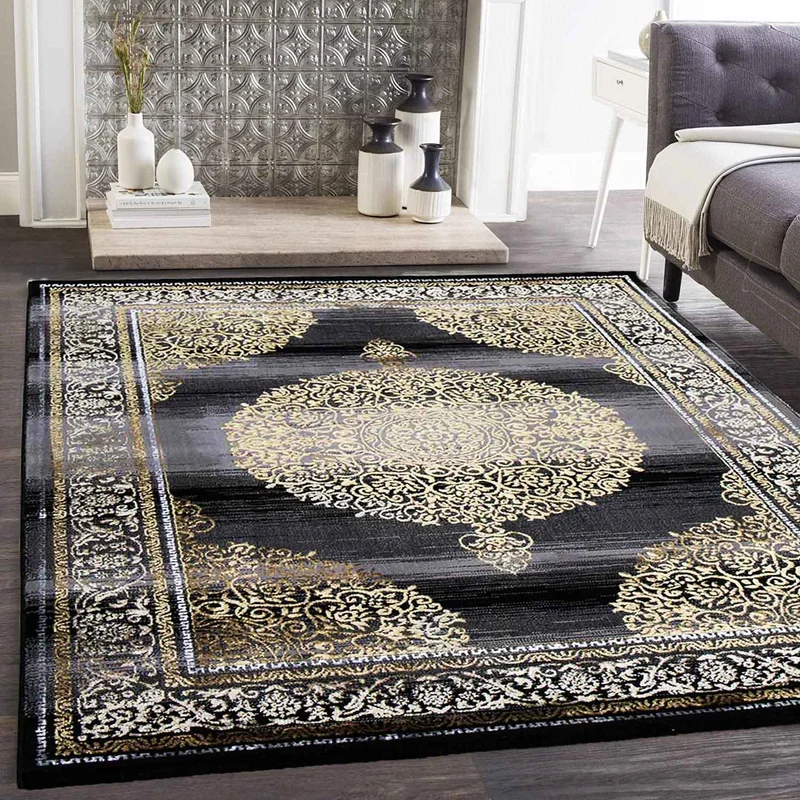 Teppich kurzflor Moderner Orientteppich Elegant Orientalisch Glanz Grau Gold Schwarz, für Wohnzimmer, Schlafzimmer