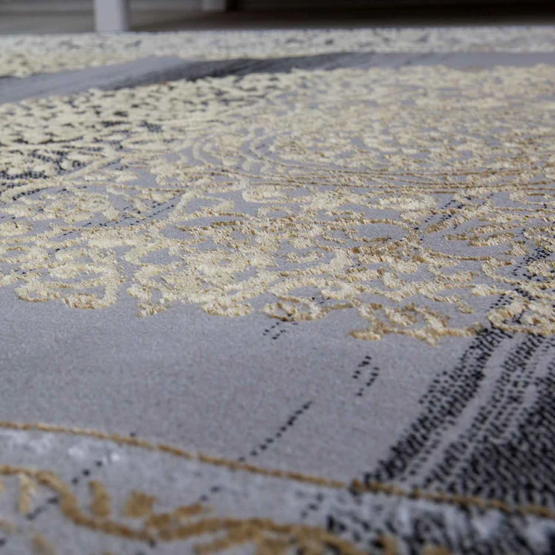 Teppich kurzflor Moderner Orientteppich Elegant Orientalisch Glanz Grau Gold Schwarz, für Wohnzimmer, Schlafzimmer