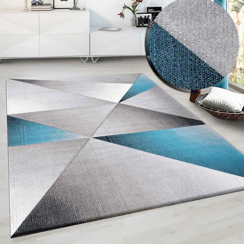 Designer Teppich Modern Geometrische Muster Kurzflorig Grau Schwarz Turkis Meliert