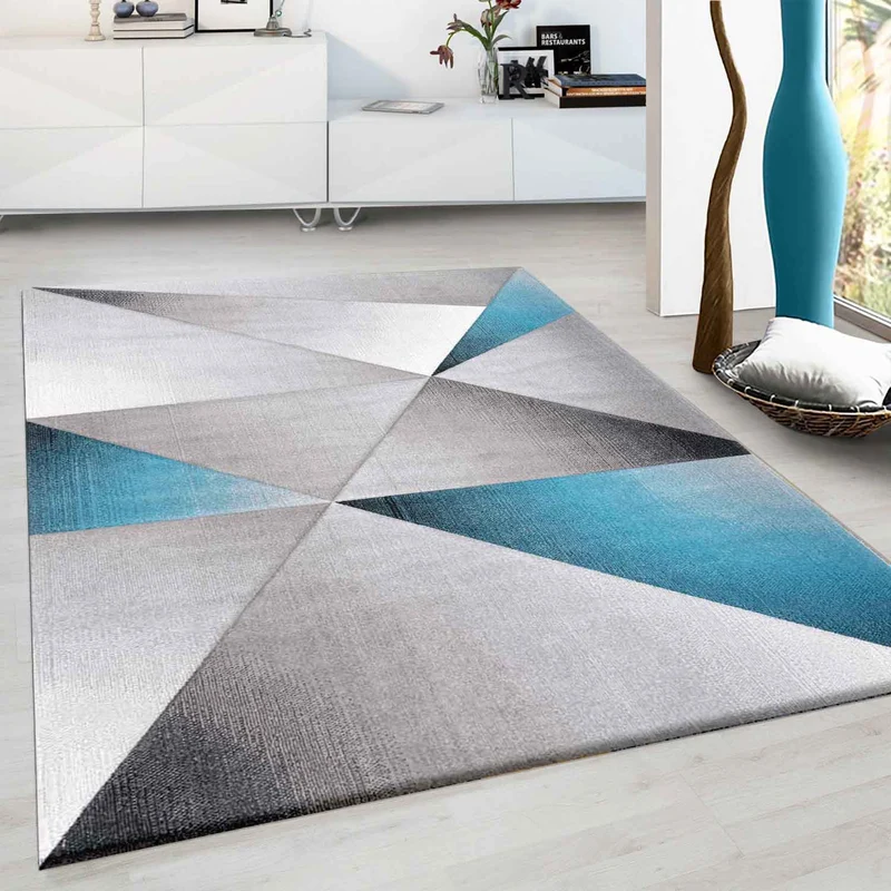 Designer Teppich Modern Geometrische Muster Kurzflorig Grau Schwarz Turkis Meliert