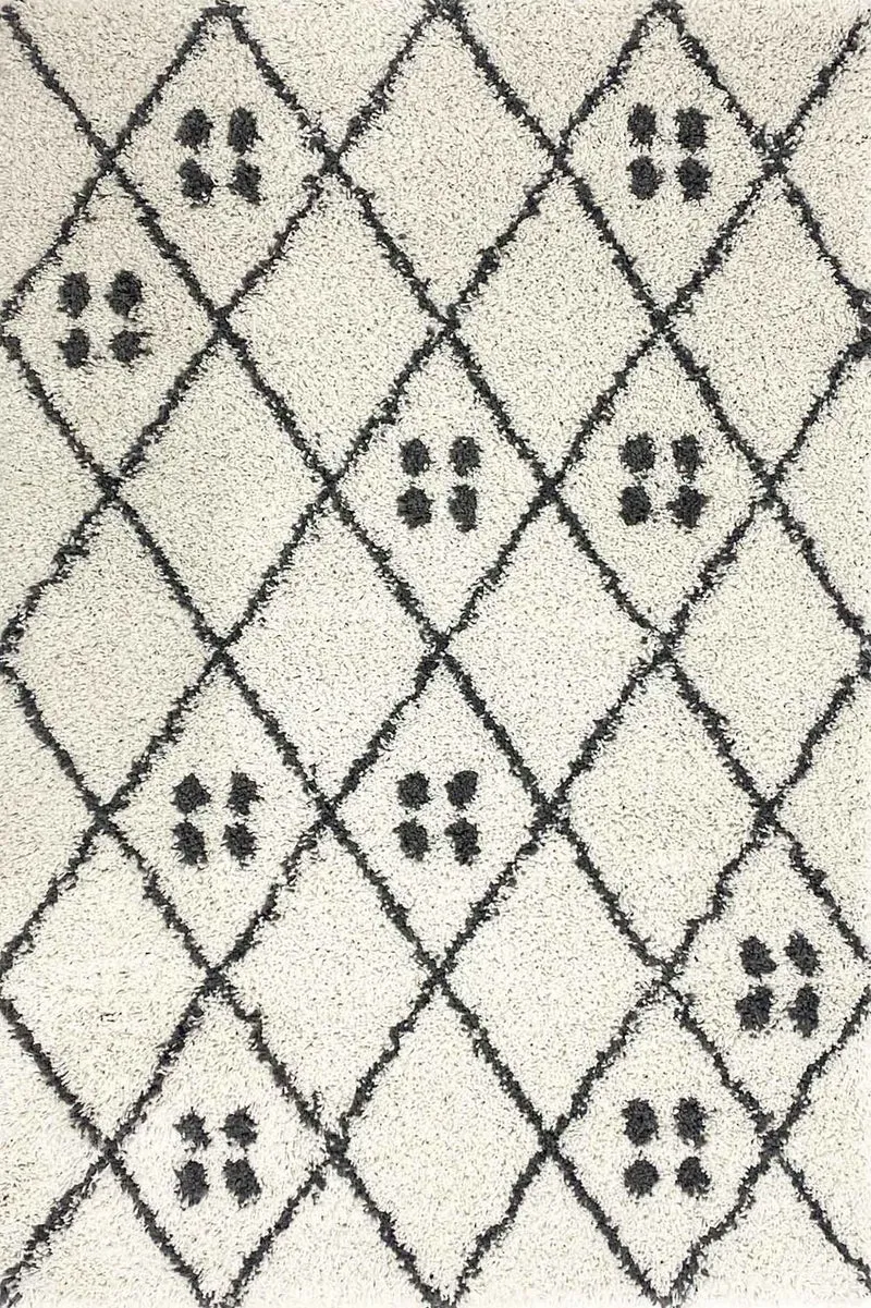 Hochflor Shaggy Teppich Rauten Muster mit Punkte Skandinavisch Creme Anthrazit