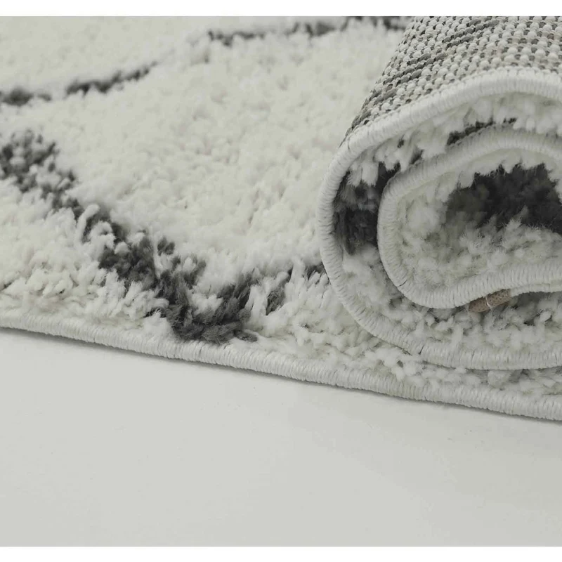 Hochflor Shaggy Teppich Rauten Muster mit Punkte Skandinavisch Creme Anthrazit