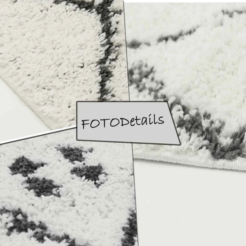 Hochflor Shaggy Teppich Rauten Muster mit Punkte Skandinavisch Creme Anthrazit