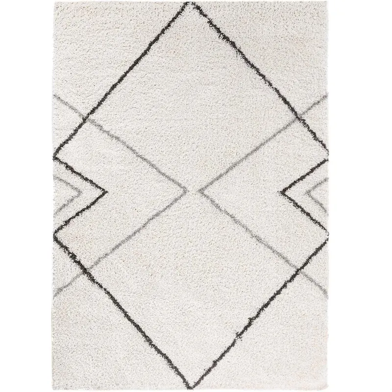 Hochflor Shaggy Teppich Rauten Muster Design Wohnzimmer Creme Grau Anthrazit