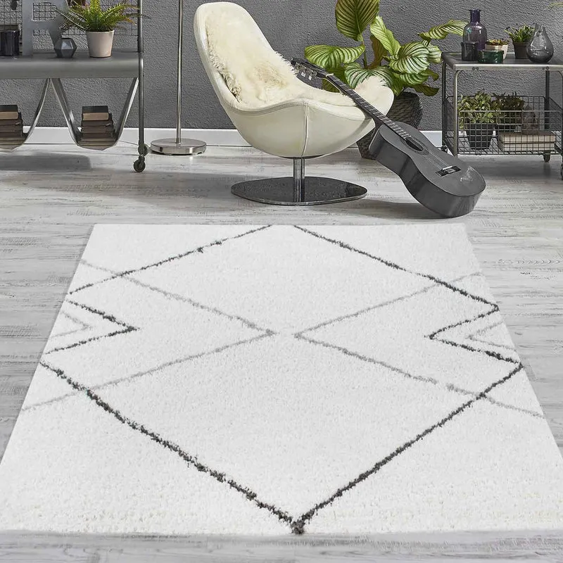 Hochflor Shaggy Teppich Rauten Muster Design Wohnzimmer Creme Grau Anthrazit