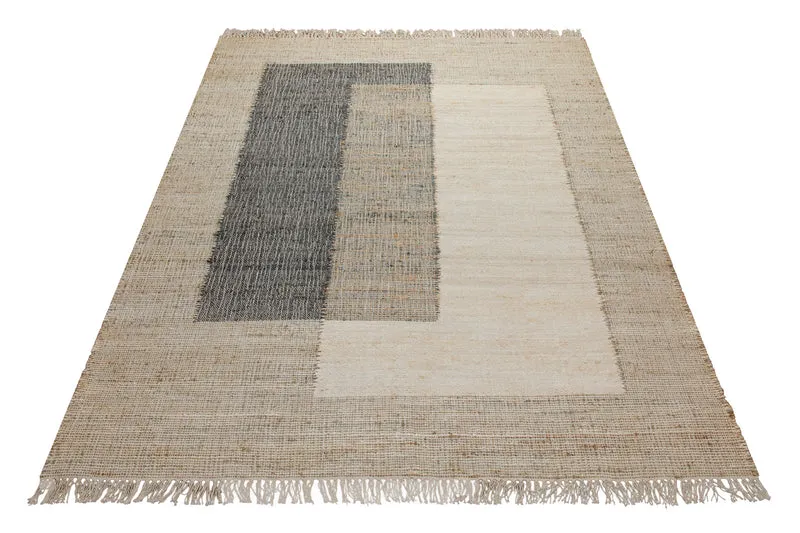 160x230 Teppich Wohnzimmer Architektur in Naturfaser – Helle Mitte mit grafischen Akzentfeldern