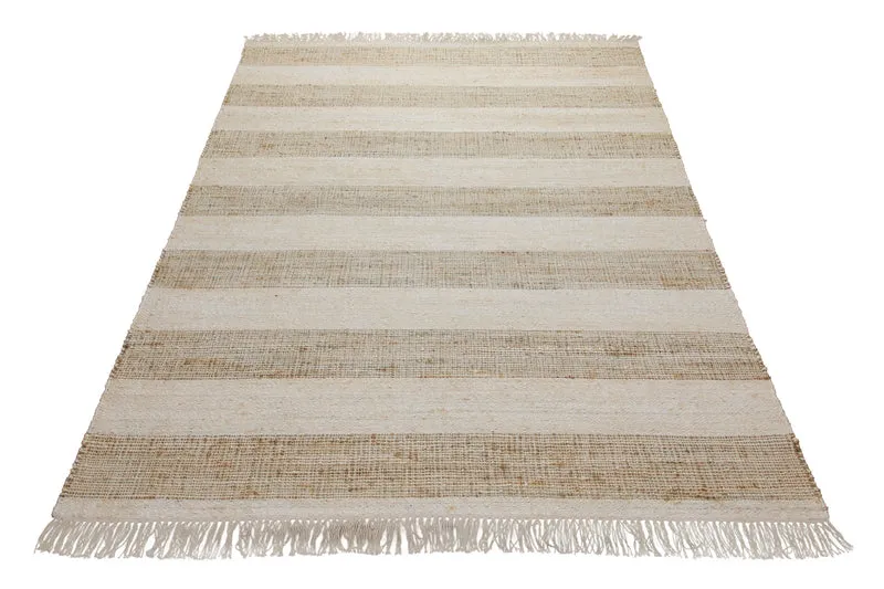 160x230 Teppich Wohnzimmer Sand und Creme – Streifenteppich aus Jute und Baumwolle