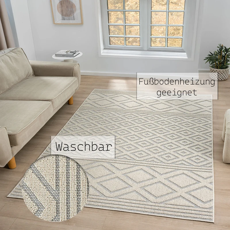 Teppich Boho Hochflor Wohnzimmer, Schlafzimmer, Küche, Flur, Waschbarer Teppich 3D