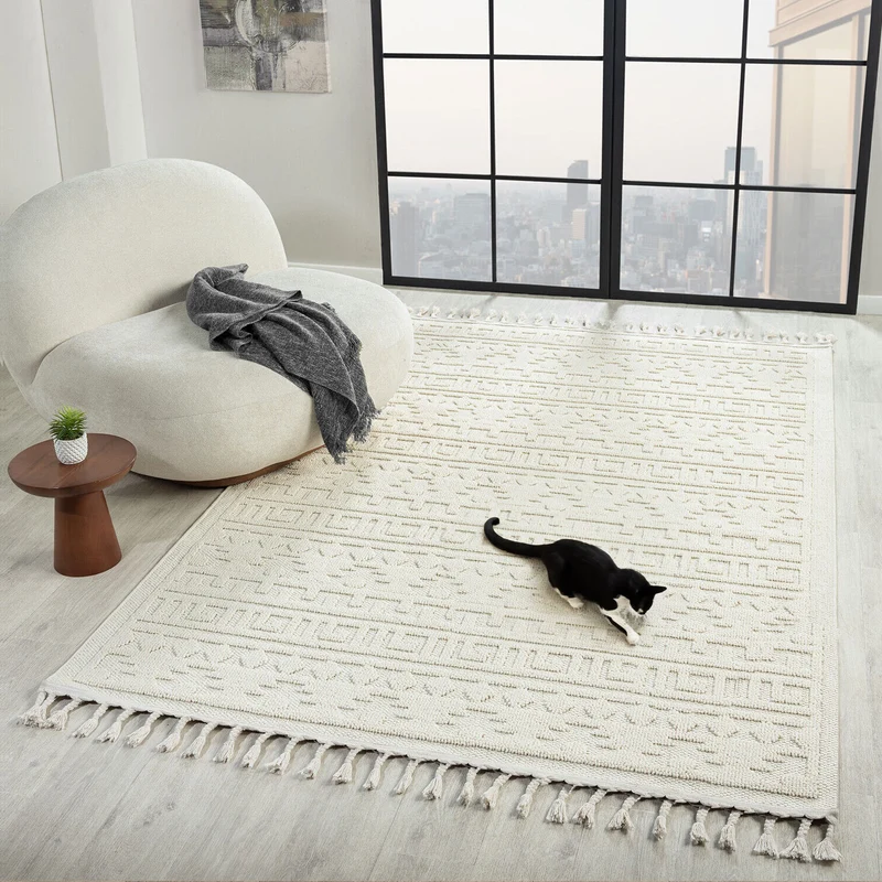Teppich Boho Skandi Wohnzimmer, Schlafzimmer, Balkon, Küche, Terrasse, Flur 3D Creme