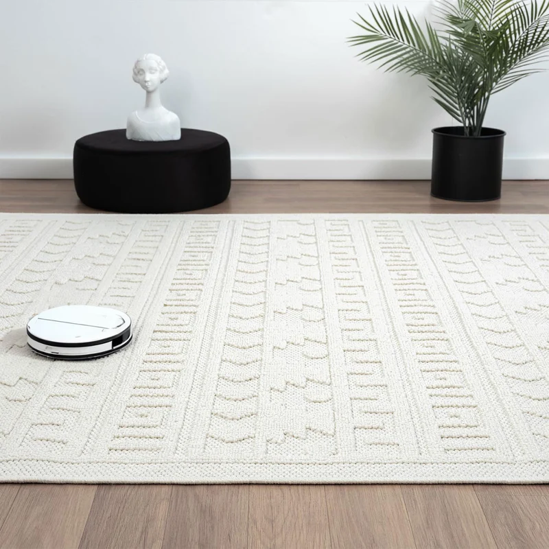 Teppich Boho Skandi Wohnzimmer, Schlafzimmer, Balkon, Küche, Terrasse, Flur 3D Creme